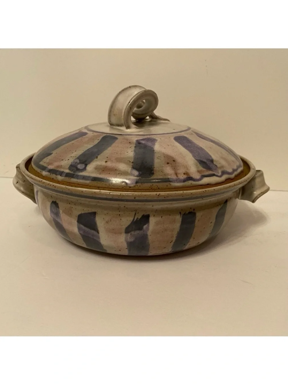 GEORGE KNAUS ART POTTERY CASSEROLE 2 PIECE GRAY BLUE VINTAGE STONEWEAR HOME